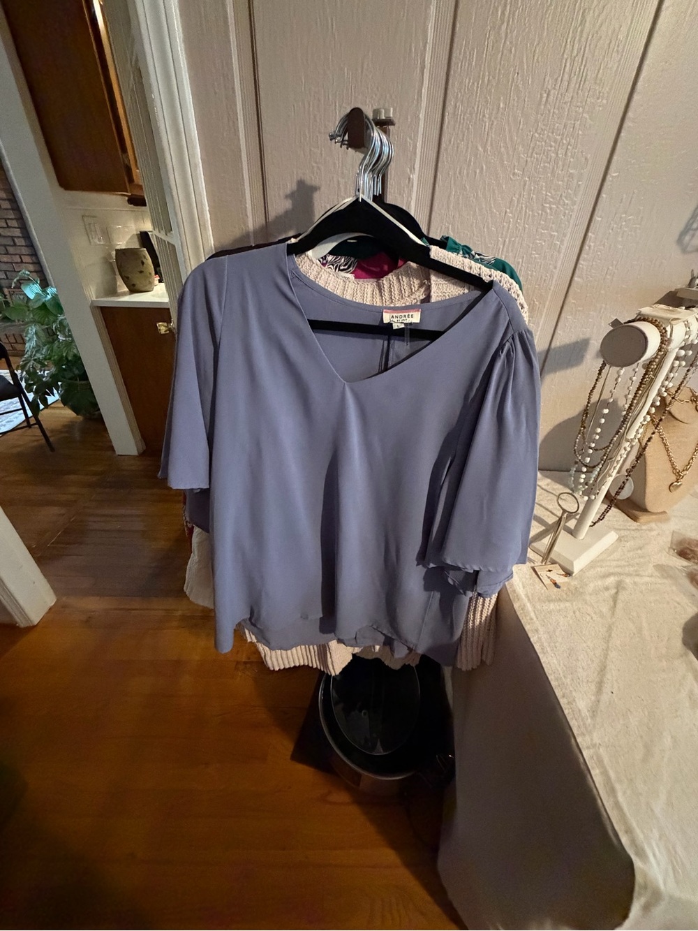 a new day Soft V-Neck Flutter Sleeve Top in Dusty Blue